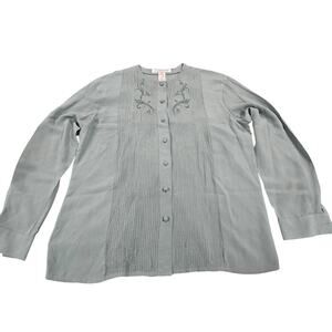 Vintage Jones New York 100% Silk Green Teal Pintuck Embroidered Blouse Size 10